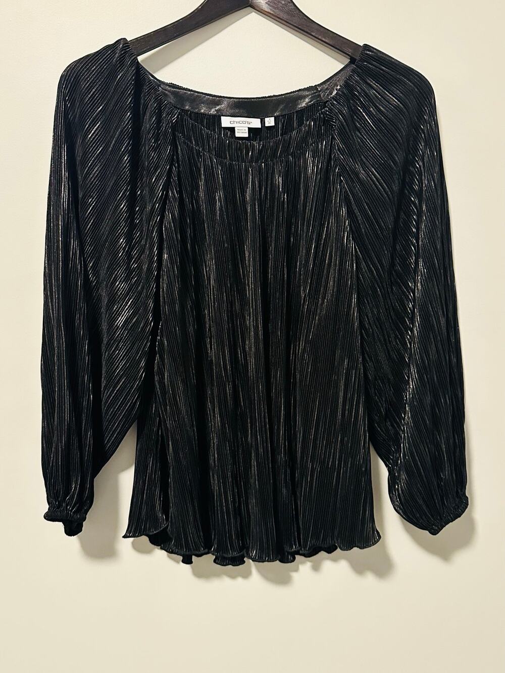 Chico’s Womens XL 3 Black Metallic Pleated Blouse Shimmer Party Evening Boho Top